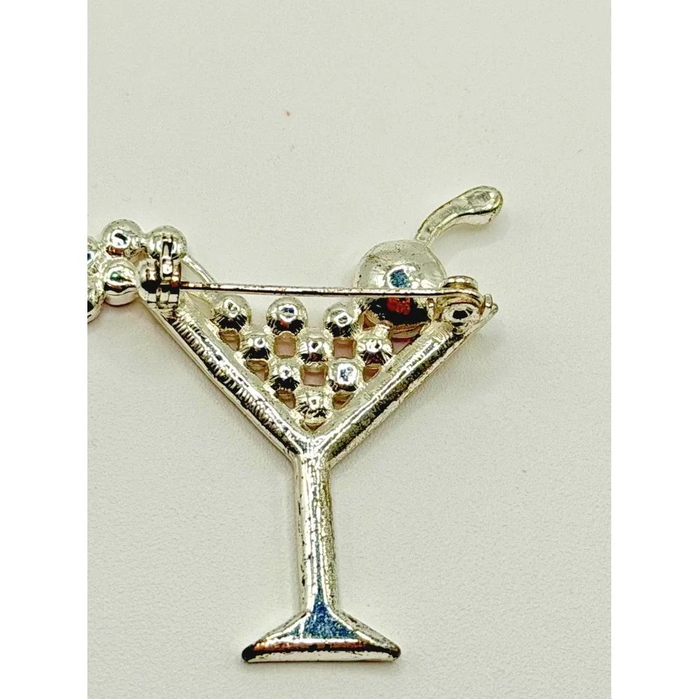 Pink Cherry Martini Glass Silver and Crystal‎ Brooch